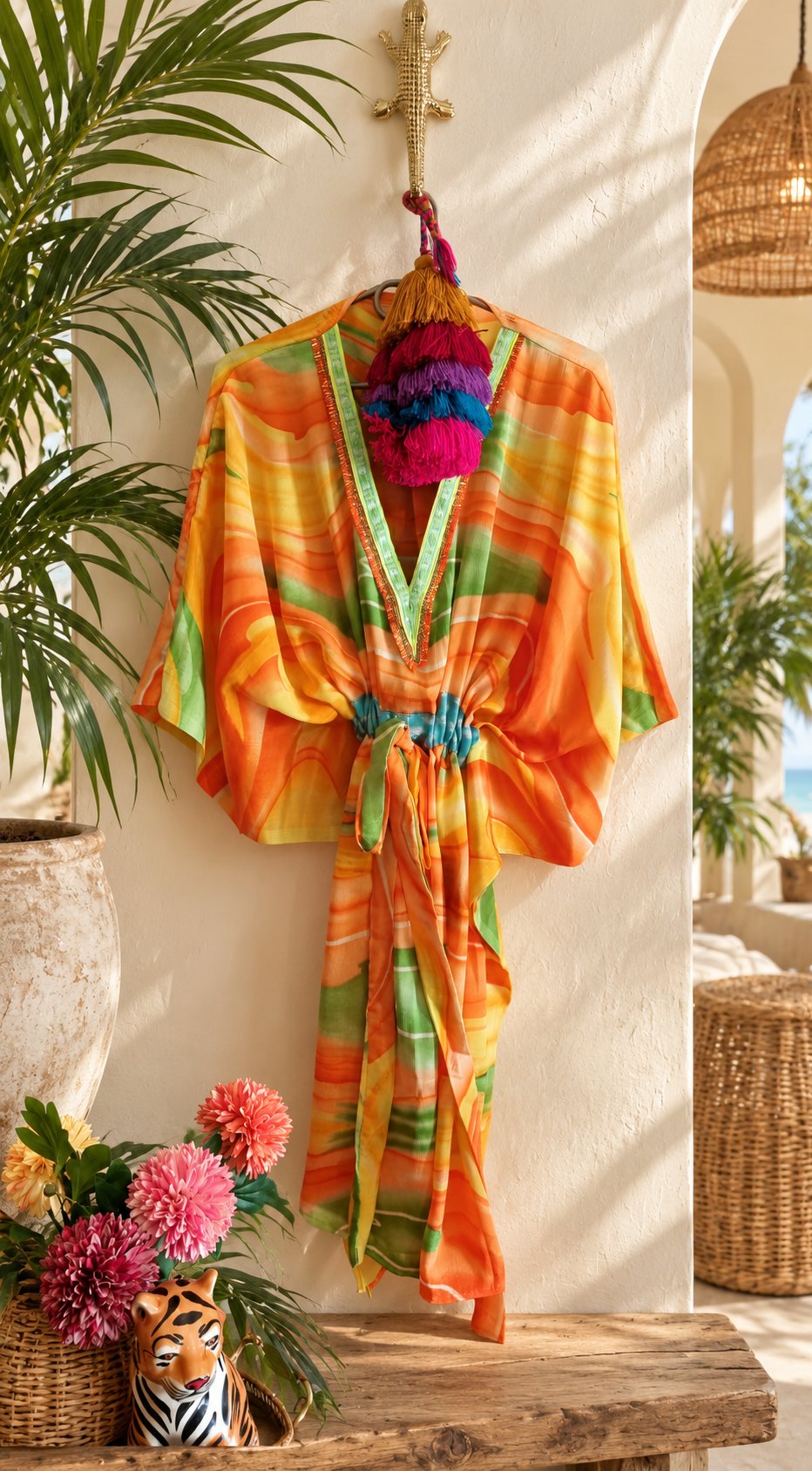 Kaftans — Orange Short Kaftan in a tropical coastal setting