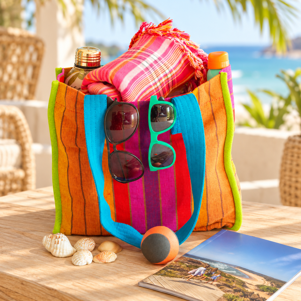 Beach Bags & Kids Backpacks in a tropical coastal setting
